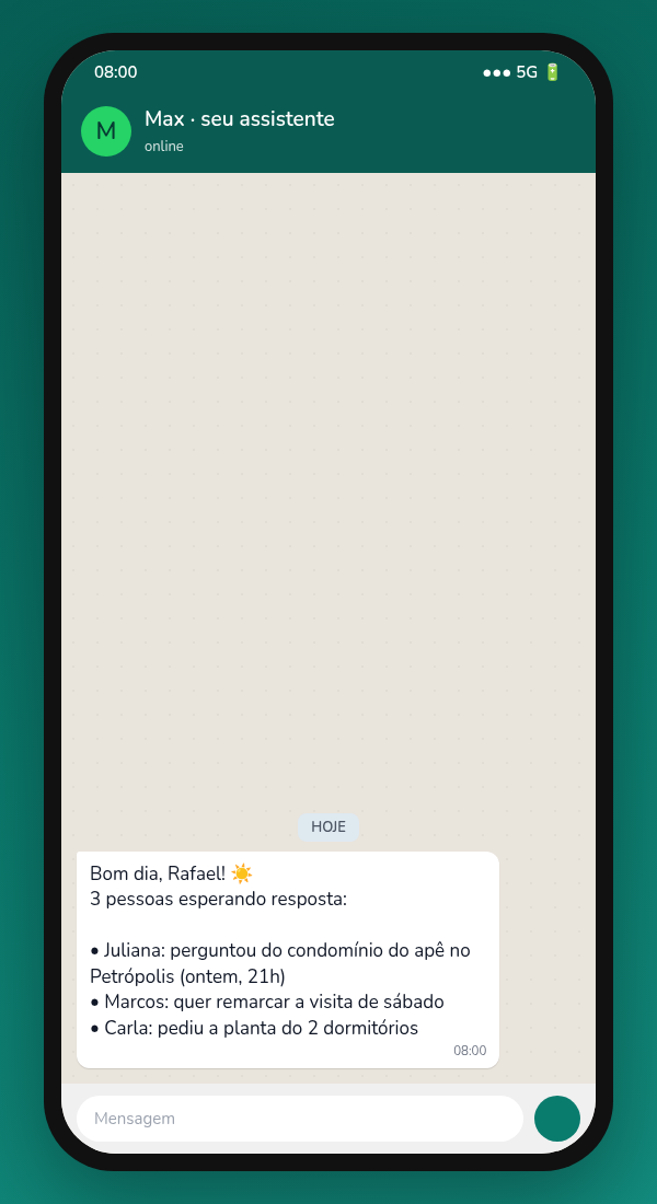 Conversa simulada: assistente envia resumo da manhã com 3 clientes esperando resposta