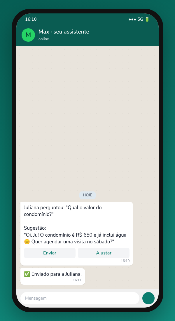 Conversa simulada: sugestão de resposta com botões Enviar e Ajustar