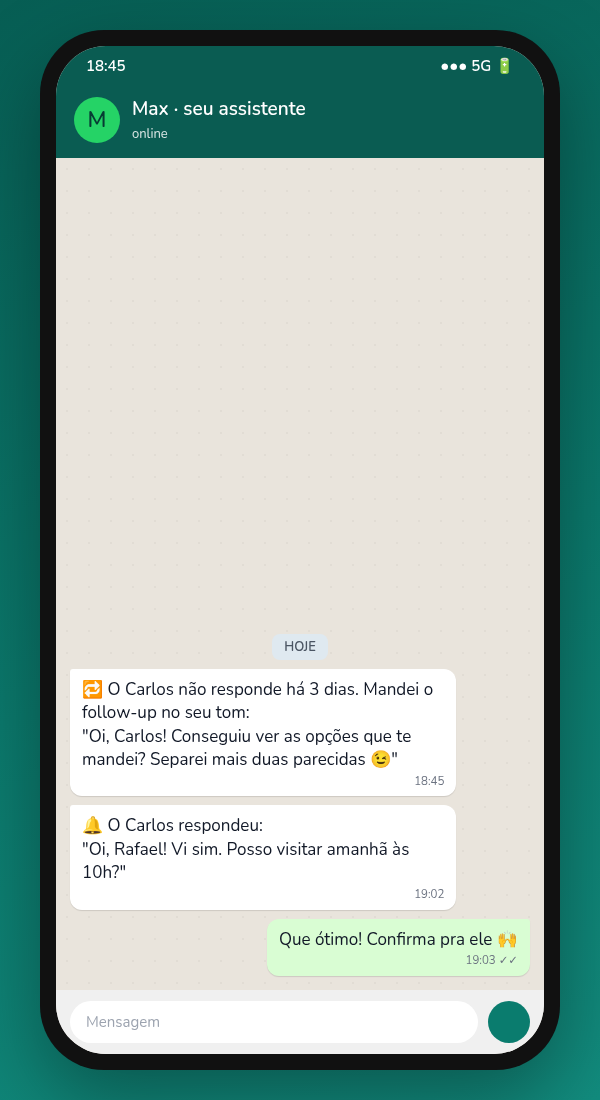 Conversa simulada: follow-up automático e o lead respondendo